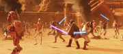 Kenobi fighting alongside Mace Windu in the Petranaki arena