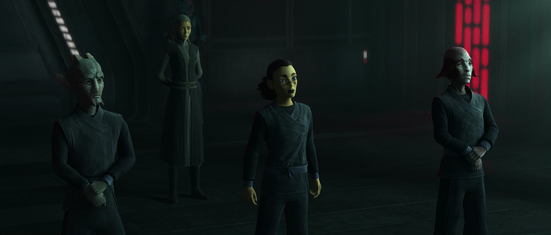 Ahmar, Barriss and Dante listen to the Grand Inquisitor's recruitment speech