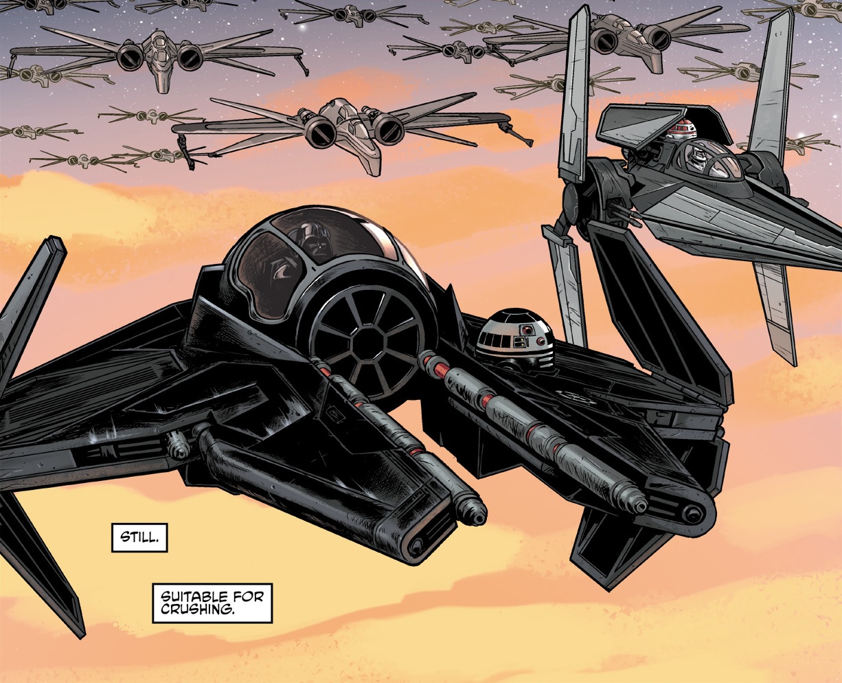 R4-K5 aboard Vader's interceptor as Vader leads Green Squadron above Ostor