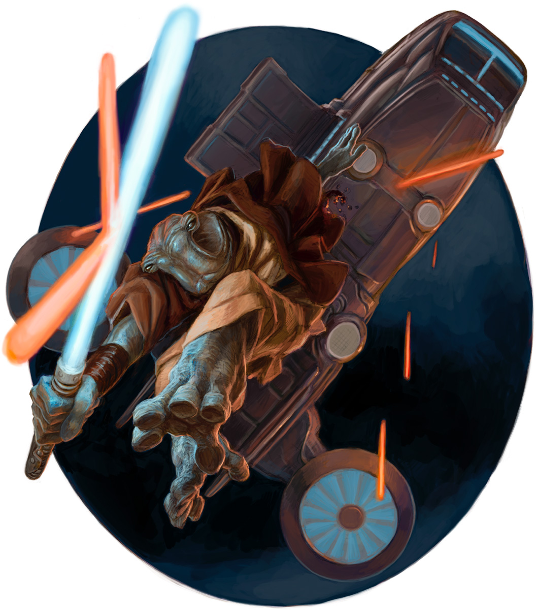 An Ithorian Revanchist Jedi leaps into action against the Mandalorian threat.