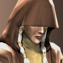 Kreia, hood raised to cover her eyes.