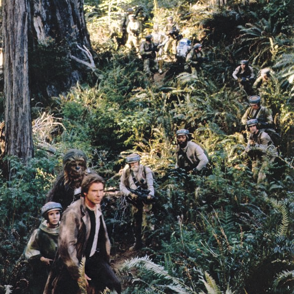 General Solo leads the Rebel strike team through the Forest Moon.