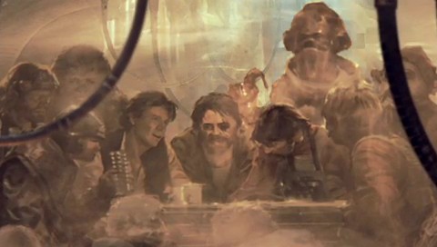 Serra, Solo, and members of Renegade Squadron in a cantina on Ord Mantell