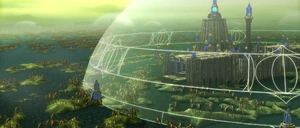 The grand Senatorial Palace on Rodia sits within a protective transparent dome surrounded by blue-watered swamps with many small green islands that continue on to the horizon.
