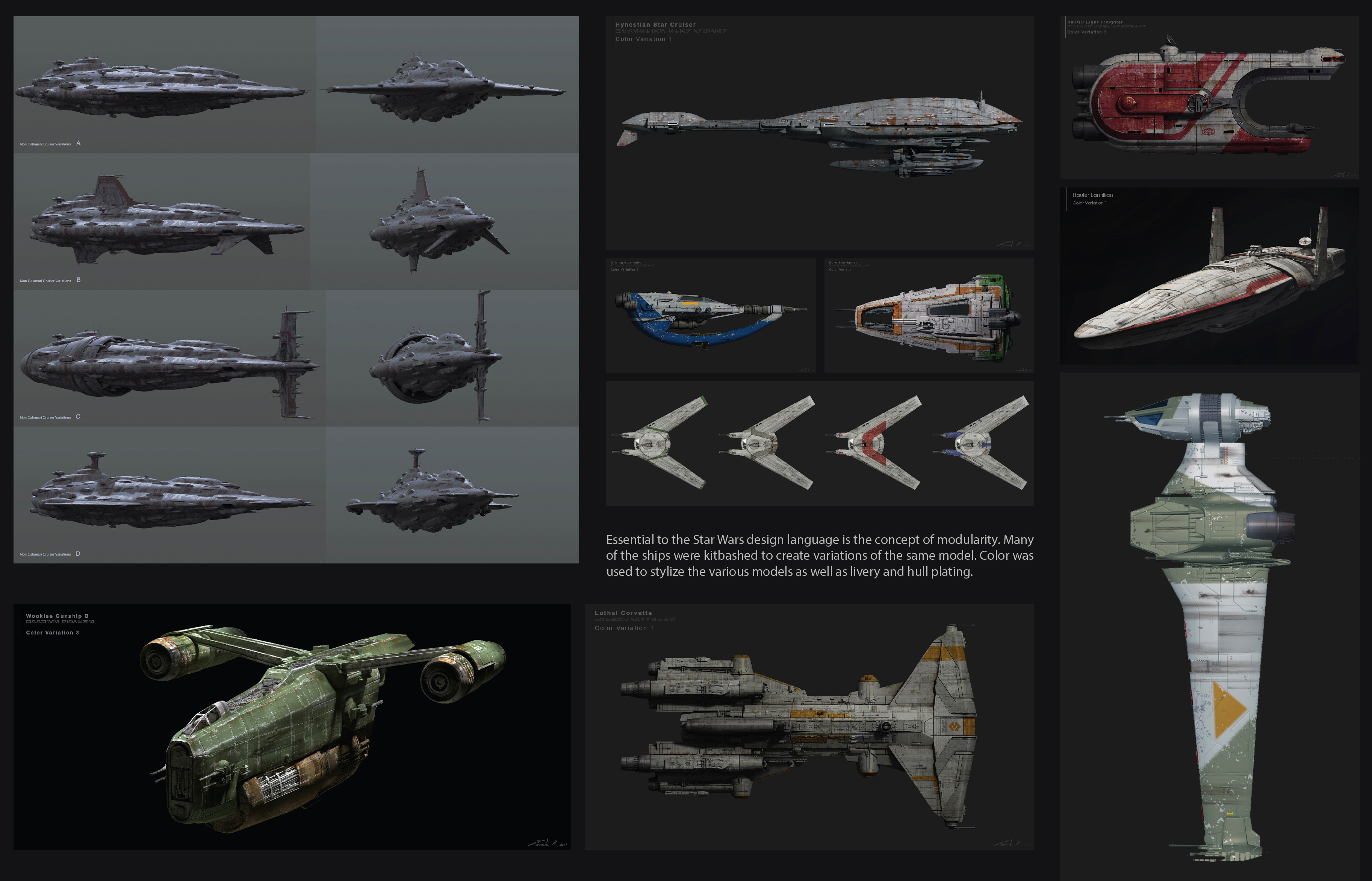 Many of the ships were kitbashed by ILM to create variations of the same model, using color to stylize the various models as well as livery and hull plating.