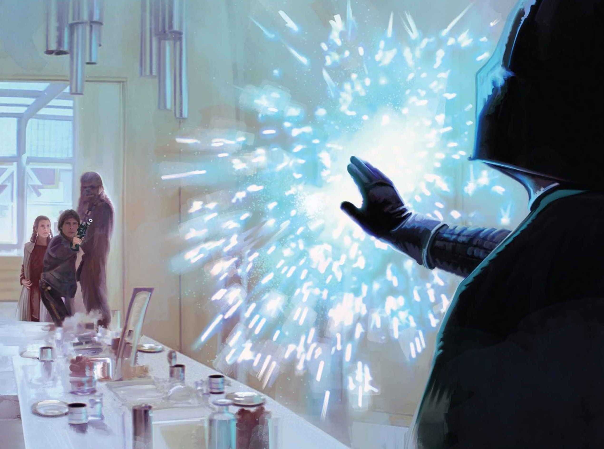 Vader absorbing blaster bolt energy with his hand.