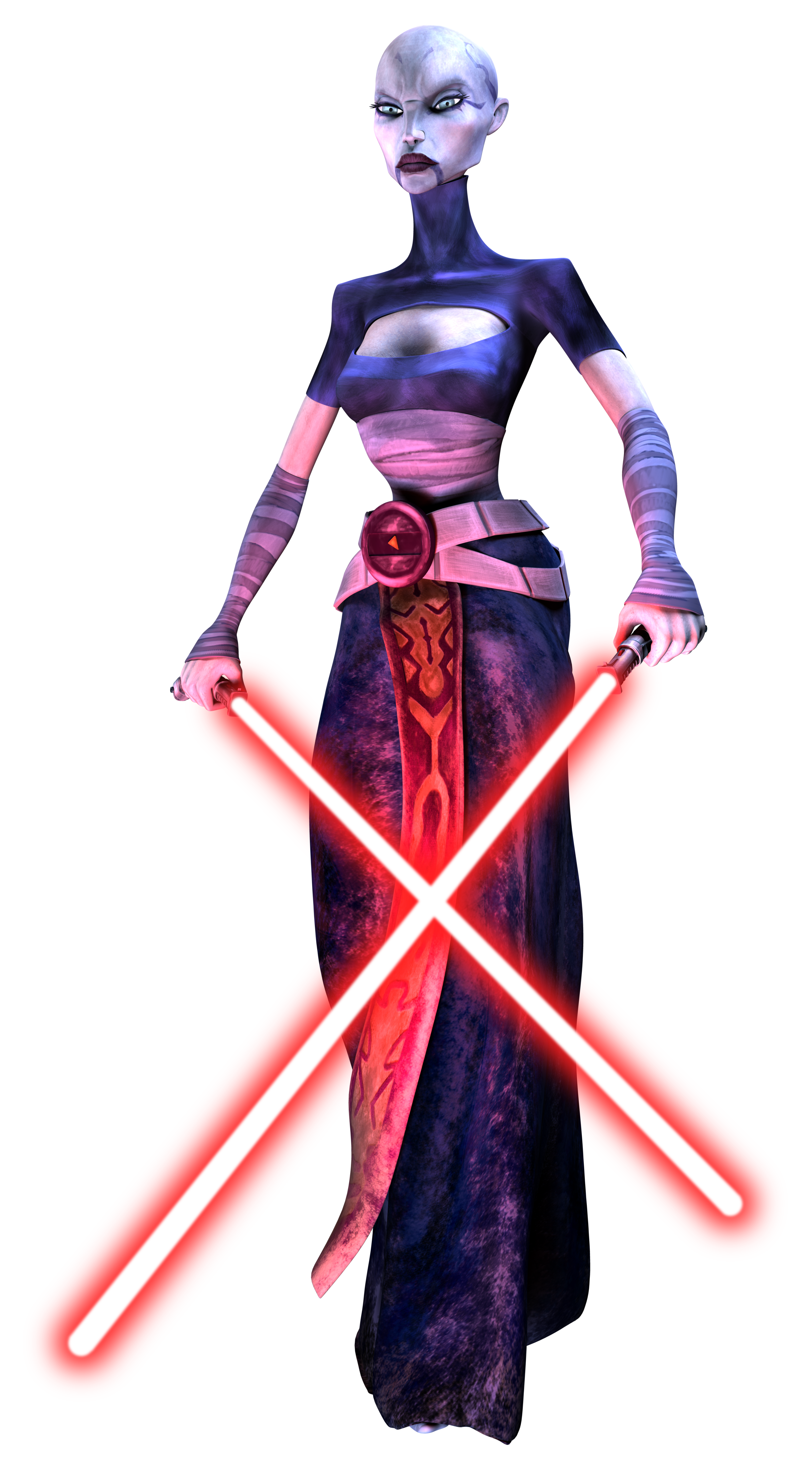 Asajj Ventress wields her dual lightsabers.