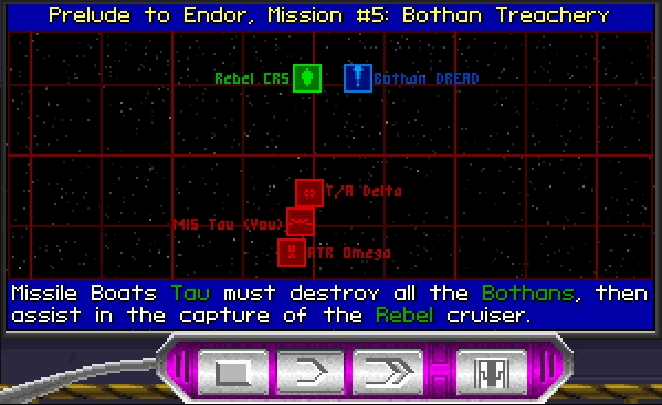 A flight briefing featuring Missile Boat group Tau, TIE Avengers Delta and Assault Transport Omega.