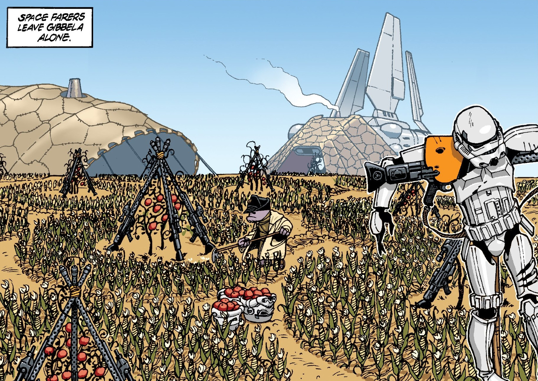 The Gibbela native uses the captured Imperial gear as farming equipment.