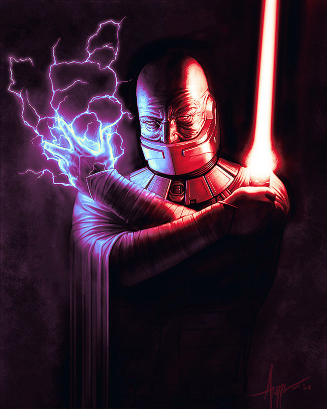 Malak wields his lightsaber and uses Force lightning