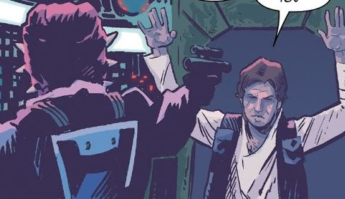 Frax points his gun at Han Solo.