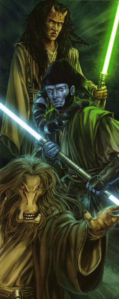 Some members of the New Jedi Order during the Legacy era. From up to down: Wolf Sazen, Shado Vao and K'Kruhk.