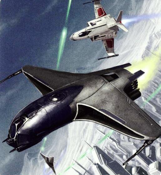 Two Razor-class starfighters attacking a M12-L Kimogila heavy fighter.