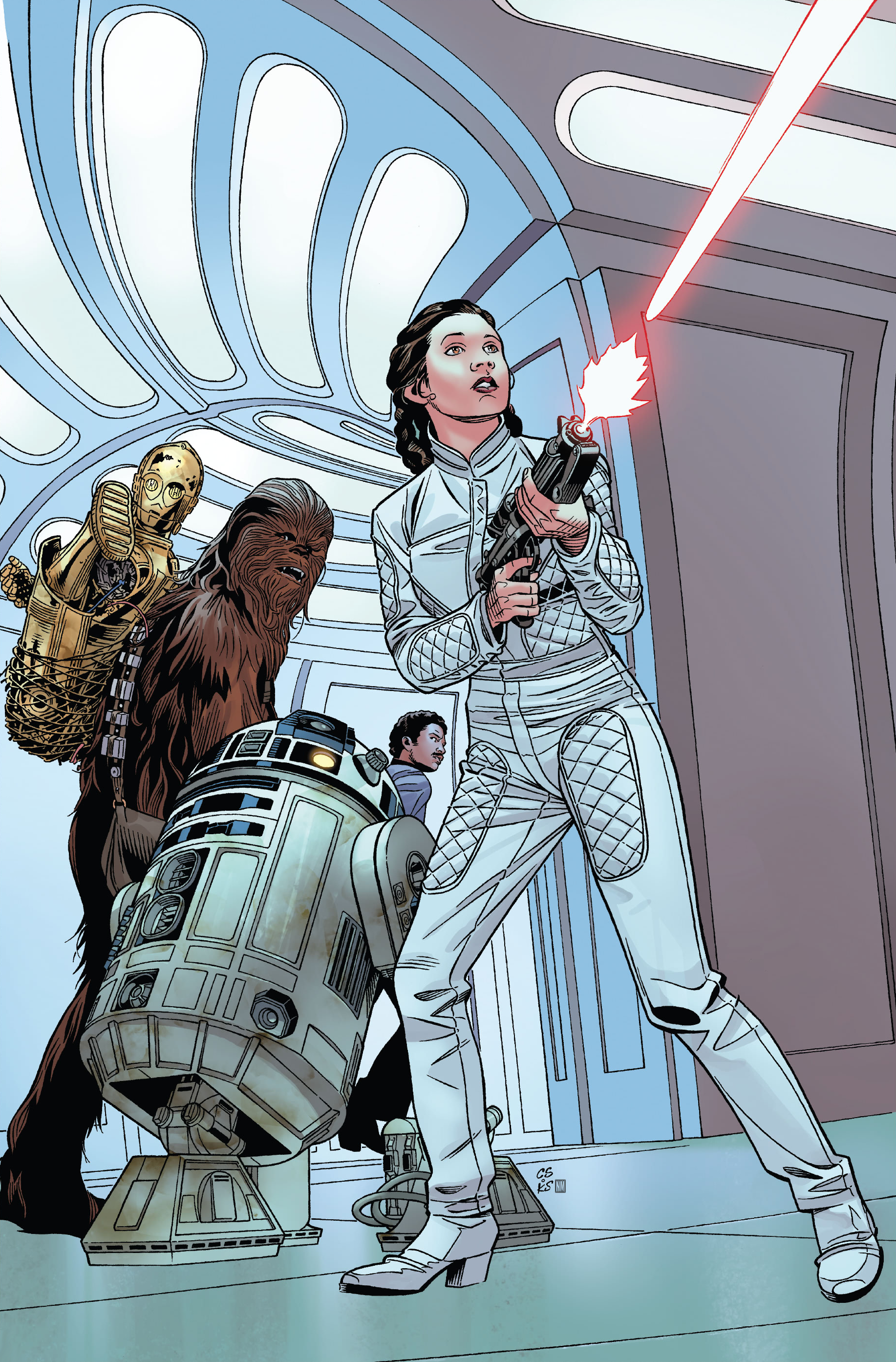 Leia Organa exchanges fire with Imperial pursuers during the escape from Cloud City