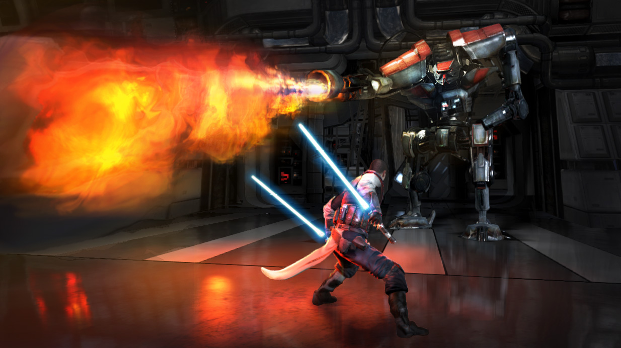 An incinerator war droid attacking Starkiller.