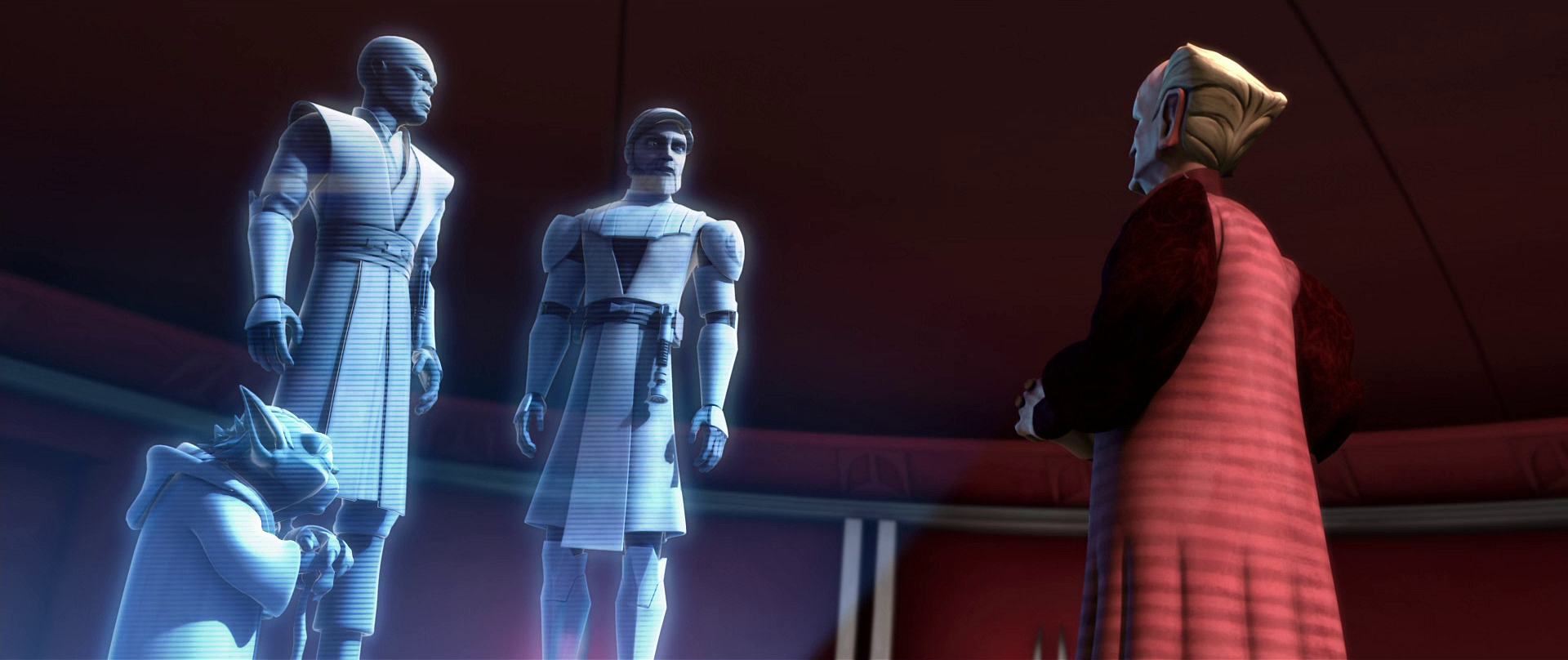 Obi-Wan Kenobi in a conference about Plo Koon's fleet destruction.