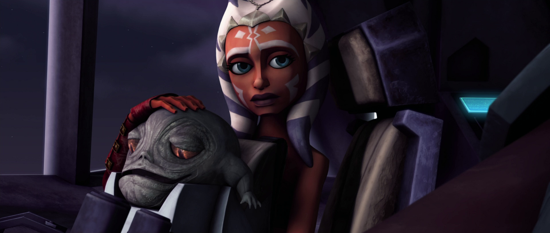 Ahsoka holds the young huttlet Rotta.