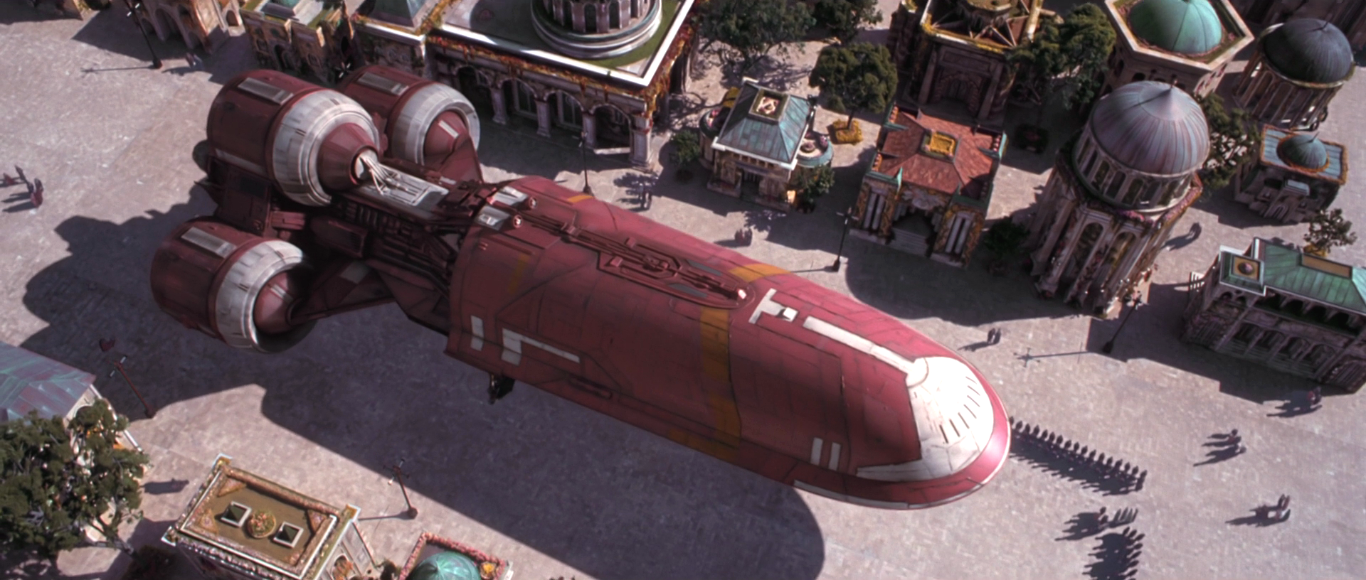 Newly elected Chancellor Palpatine's Star Shuttle Perpetuus arrives on Naboo.