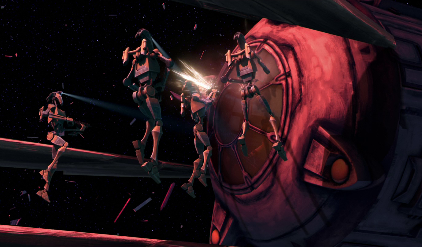 B1-series rocket battle droids in action.