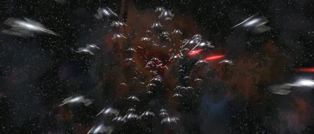 Sith fighters swarm in effort to overwhelm Dodonna's position.