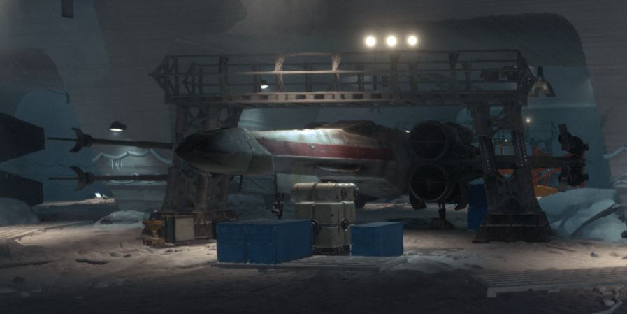 An X-wing starfighter receiving repairs in Echo Base