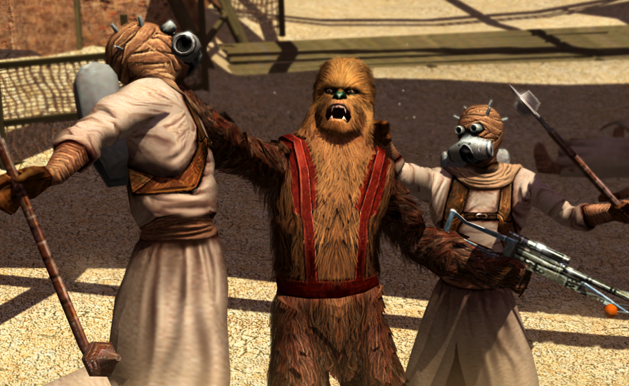 Zaalbar terrorizing two members of the Sand People on Tatooine