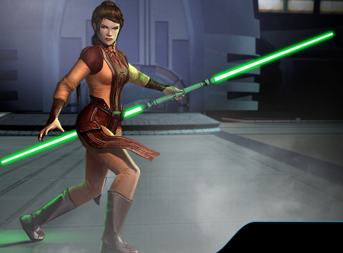 Promotional image of Bastila Shan with green-double-bladed lightsaber