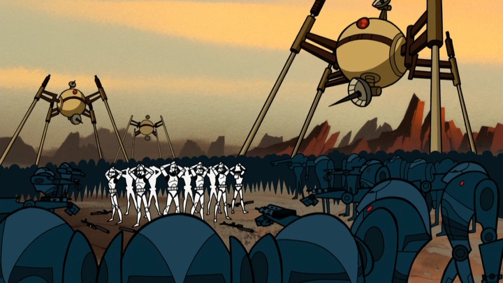 Clone troopers surrendering to an overwhelming number of droids