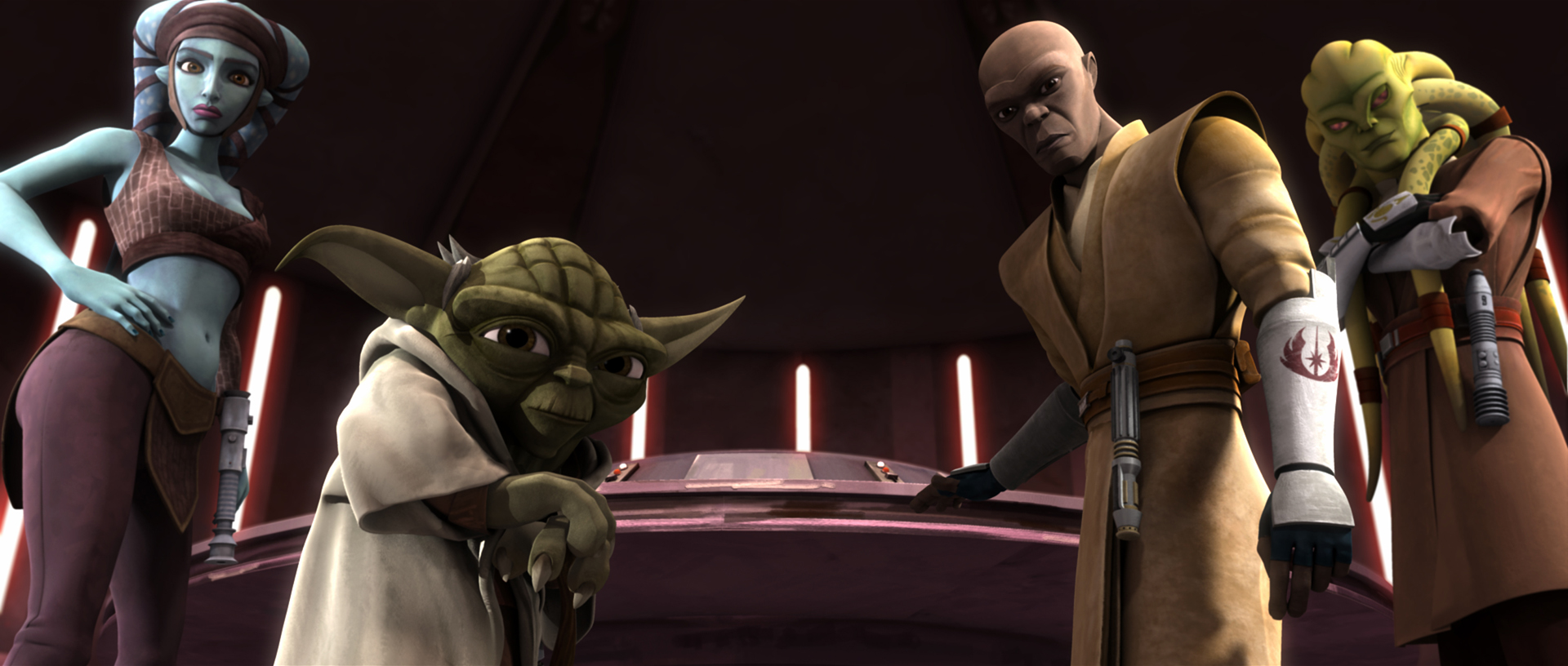 Todo 360 entered the communication center where he briefly encountered several Jedi Knights, including Yoda and Windu.