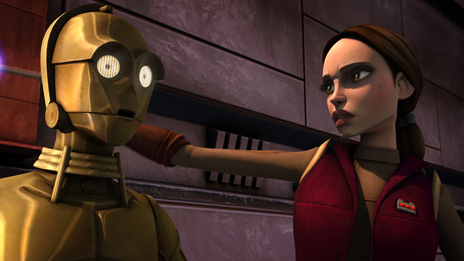 C-3PO and Senator Amidala trying to escape the Malevolence