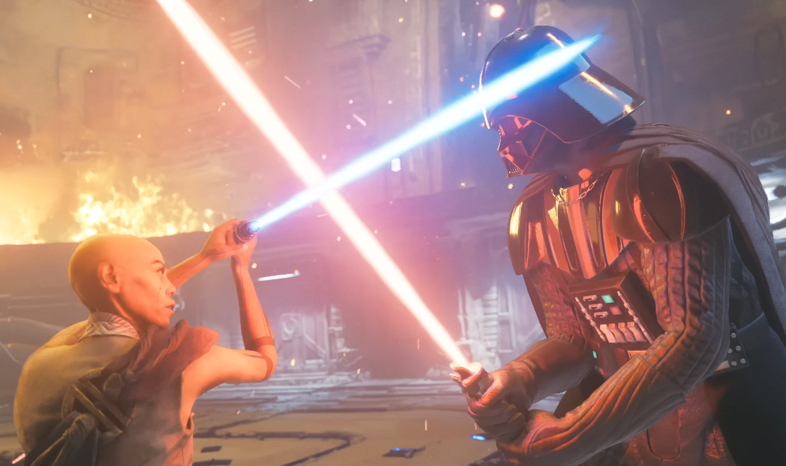 Cere Junda duels Darth Vader in the burning Archive.