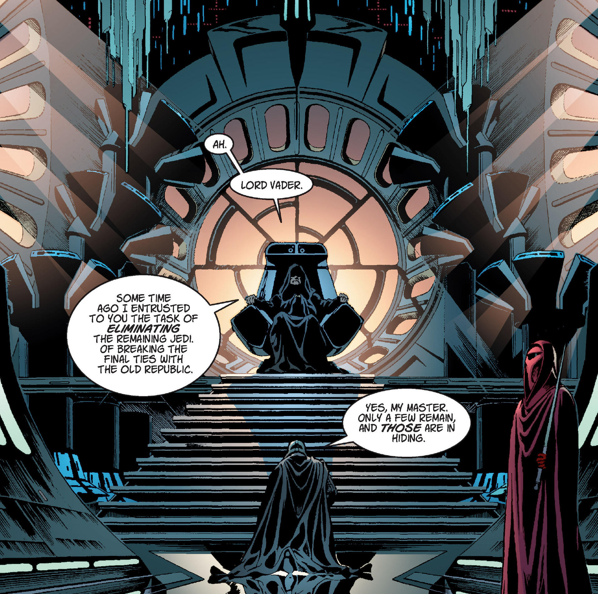 Darth Vader kneels before his master's throne.