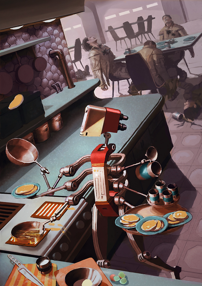 A COO cook droid prepares a meal in a kitchen