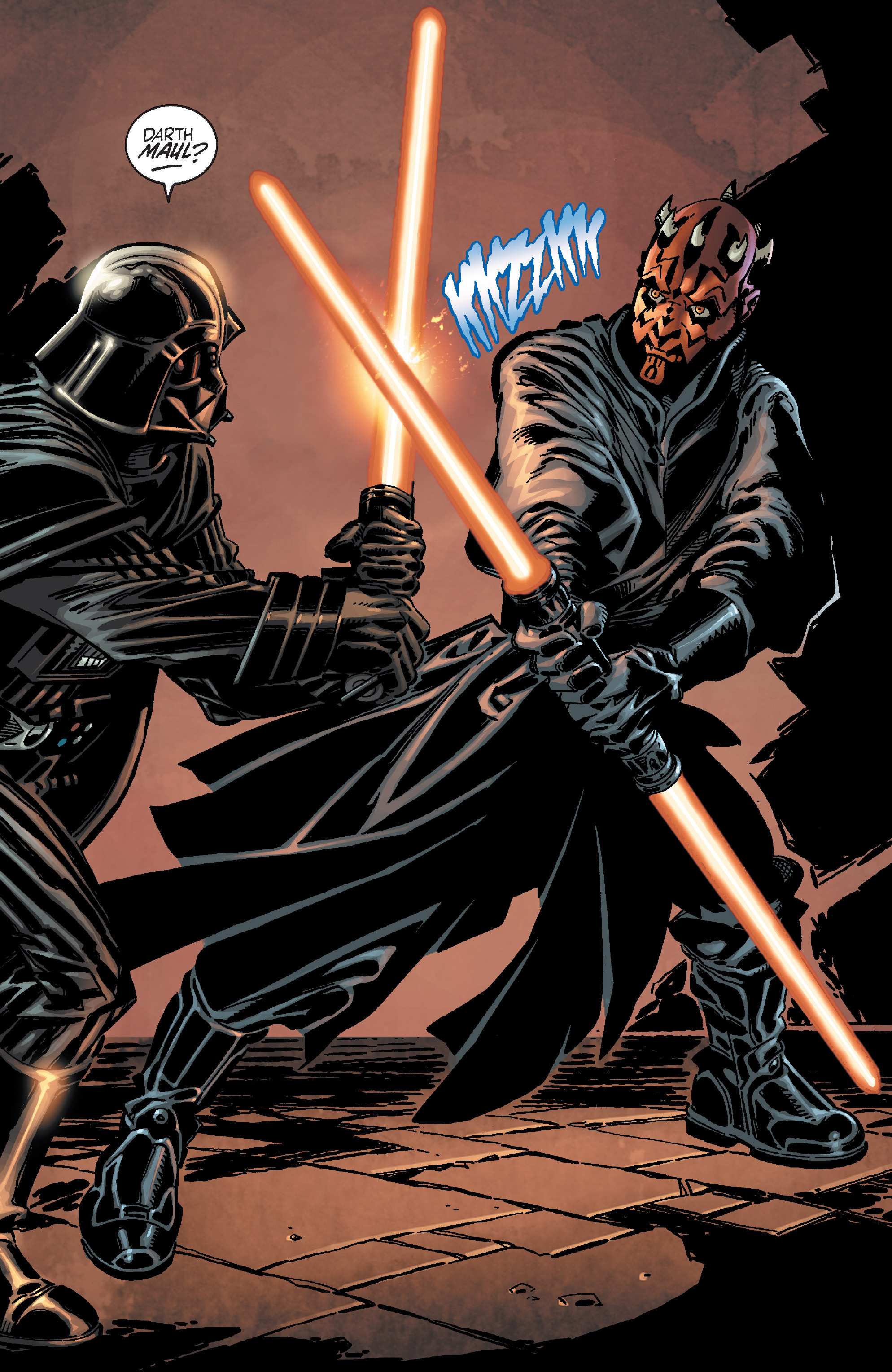 Darth Maul confronts Darth Vader.