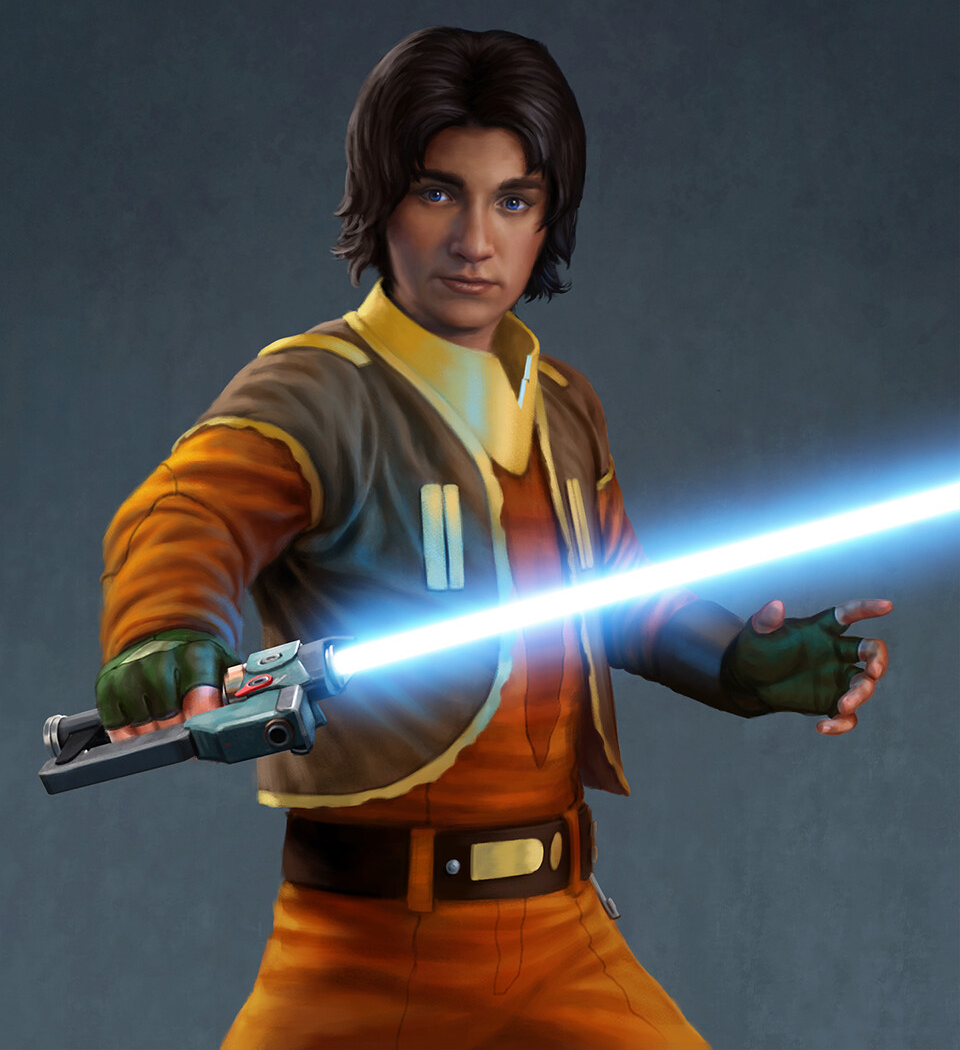 Ezra Bridger ignites his lightsaber.