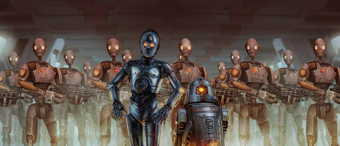 0-0-0 and BT-1 leading a group of Darth Vader's commando droids