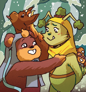 Falloo places a yellow hood over Eemee's head while grinning. Eemee is smiling shyly and hiding two Ewok dolls behind their back. Behind the pair, snow is falling and their bordok has its tongue out to catch some.
