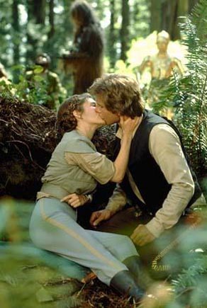 Han and Leia sharing a passionate kiss on Endor.