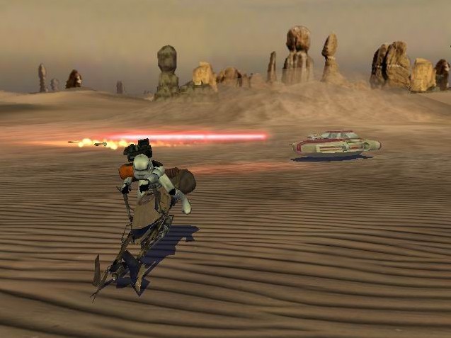 A Rebel combat speeder pursues a 74-Z speeder bike during the Battle of Tatooine.