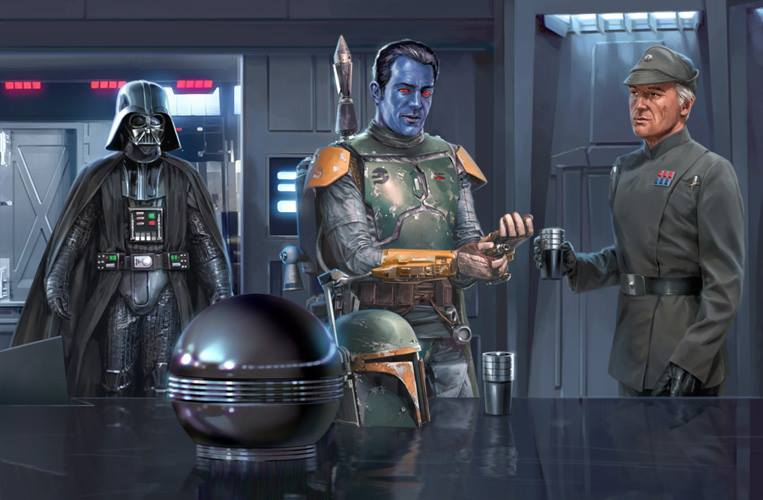 Thrawn and Niriz toast a job completed, just as Darth Vader enters.