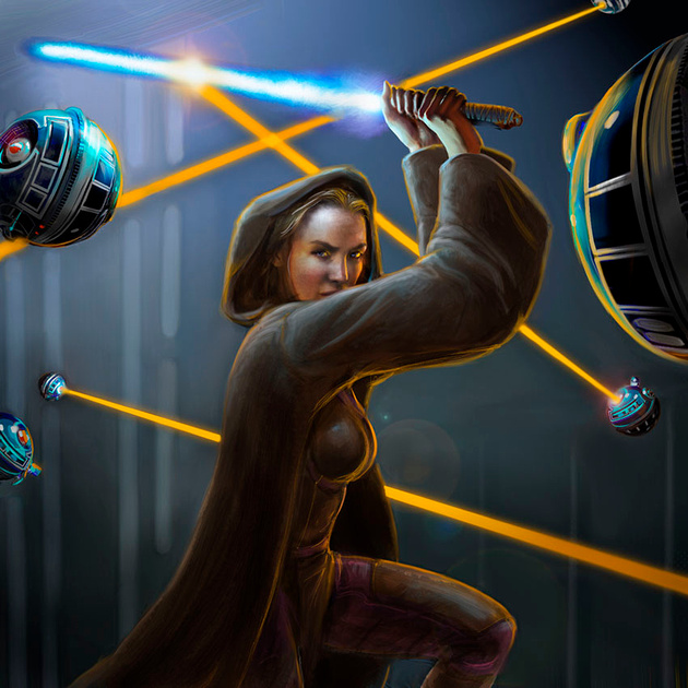 A Padawan battles several droids in her Trial of Skill