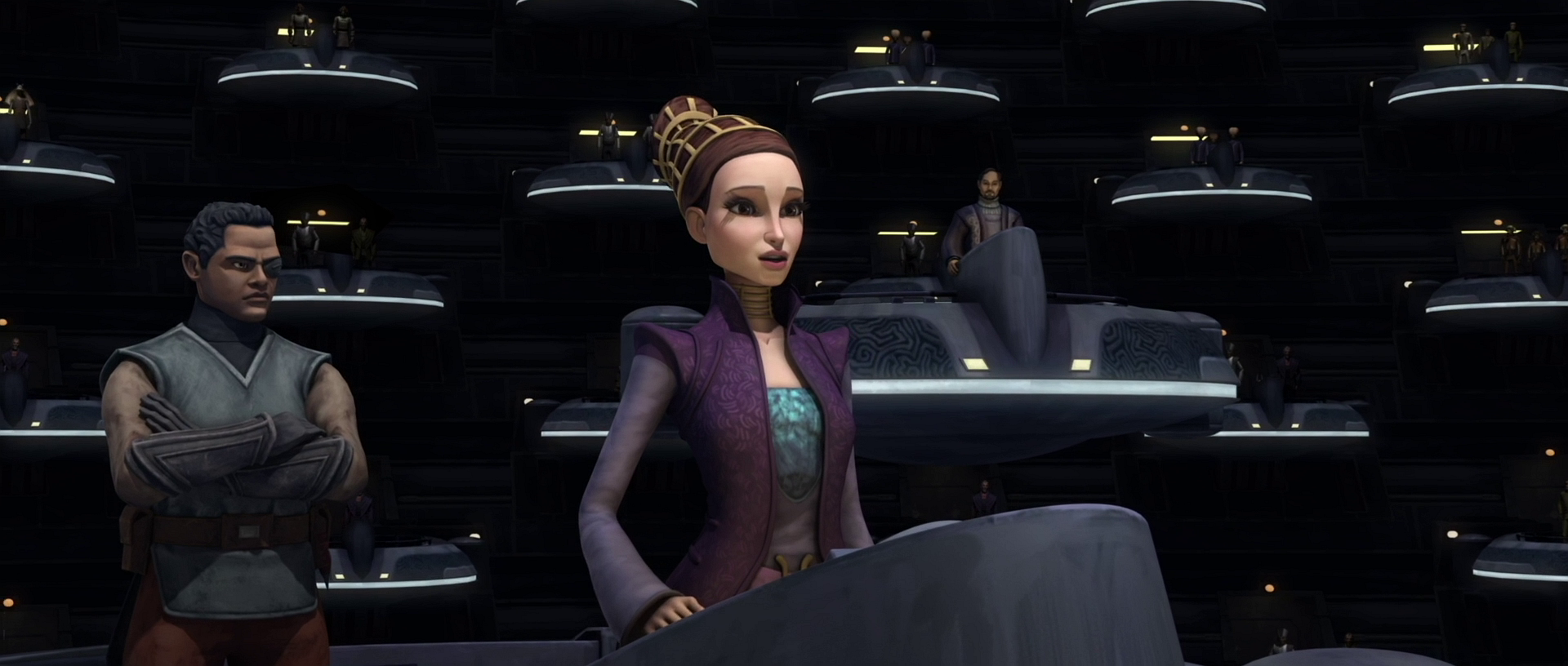 Amidala and Organa urge the Senate to vote down Senator Saam's financial bill.