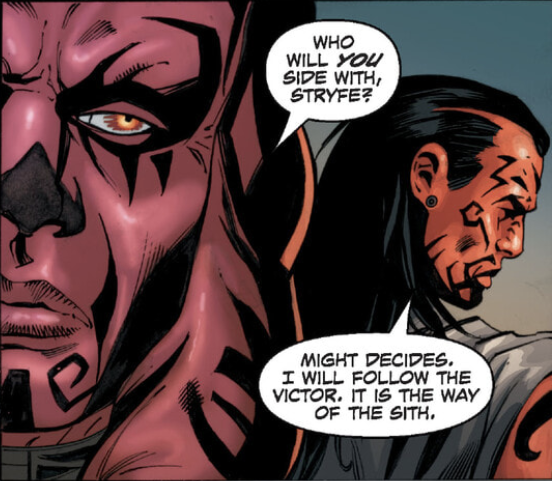 Darth Wyyrlok asking Darth Stryfe whether he will side with Wyyrlok or Darth Krayt.