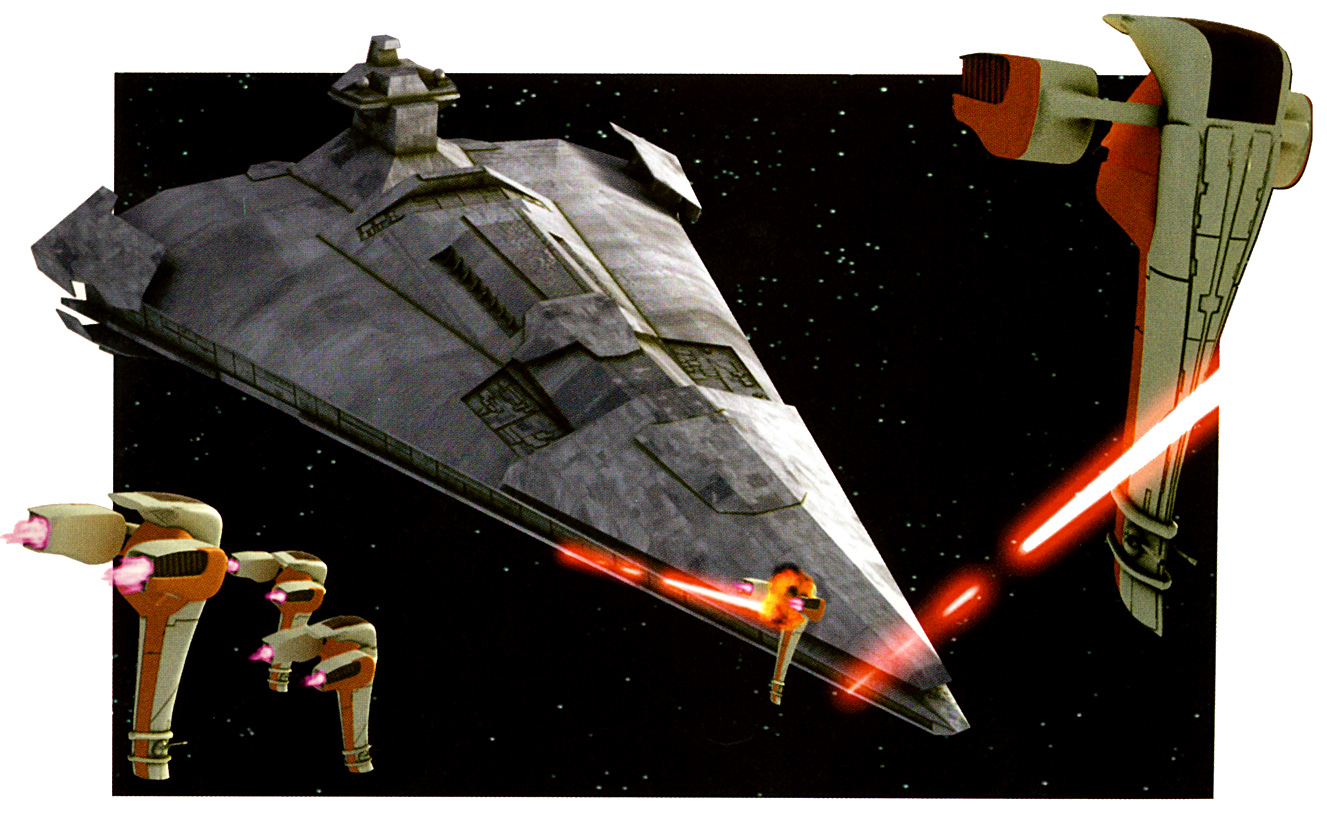 A wing of S-250 Chela-class starfighter attacks a Centurion-class battlecruiser