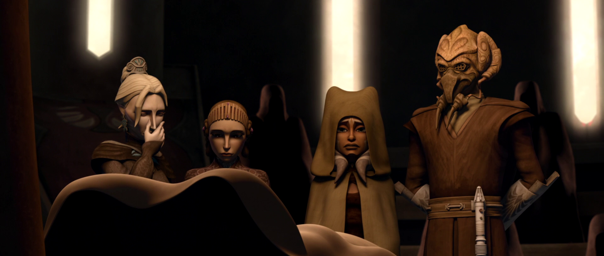 A mournful Duchess Satine attends Kenobi's fake funeral.