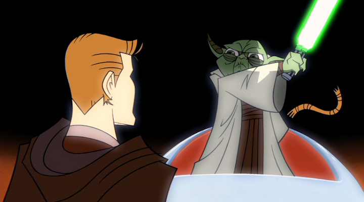 Anakin Skywalker having his Padawan braid severed by Yoda during his Knighting ceremony.