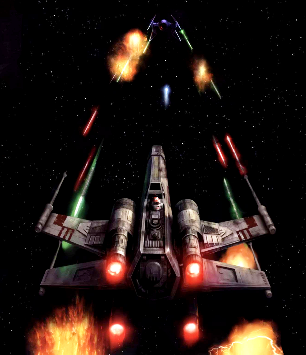 An X-wing and TIE Interceptor in head-to-head combat