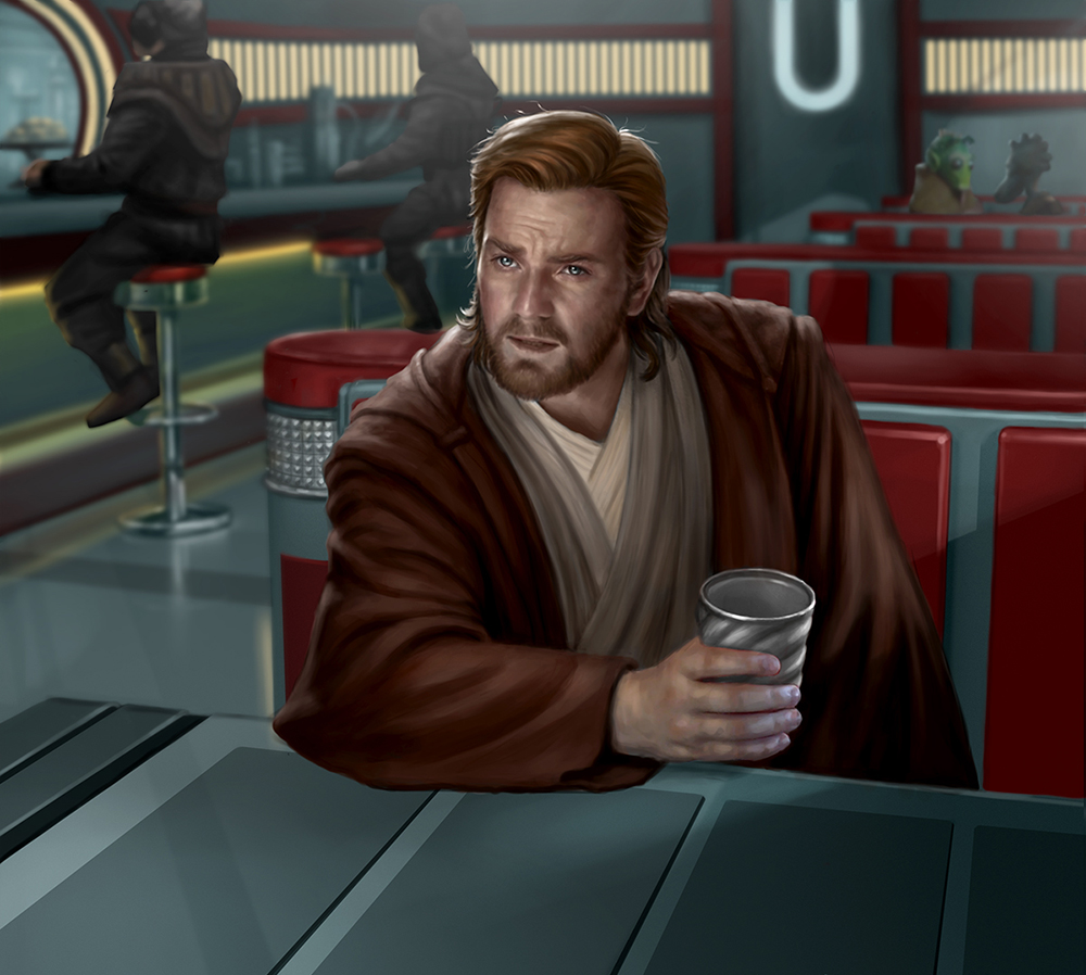 Kenobi investigating the Kamino saberdart at Dex's Diner