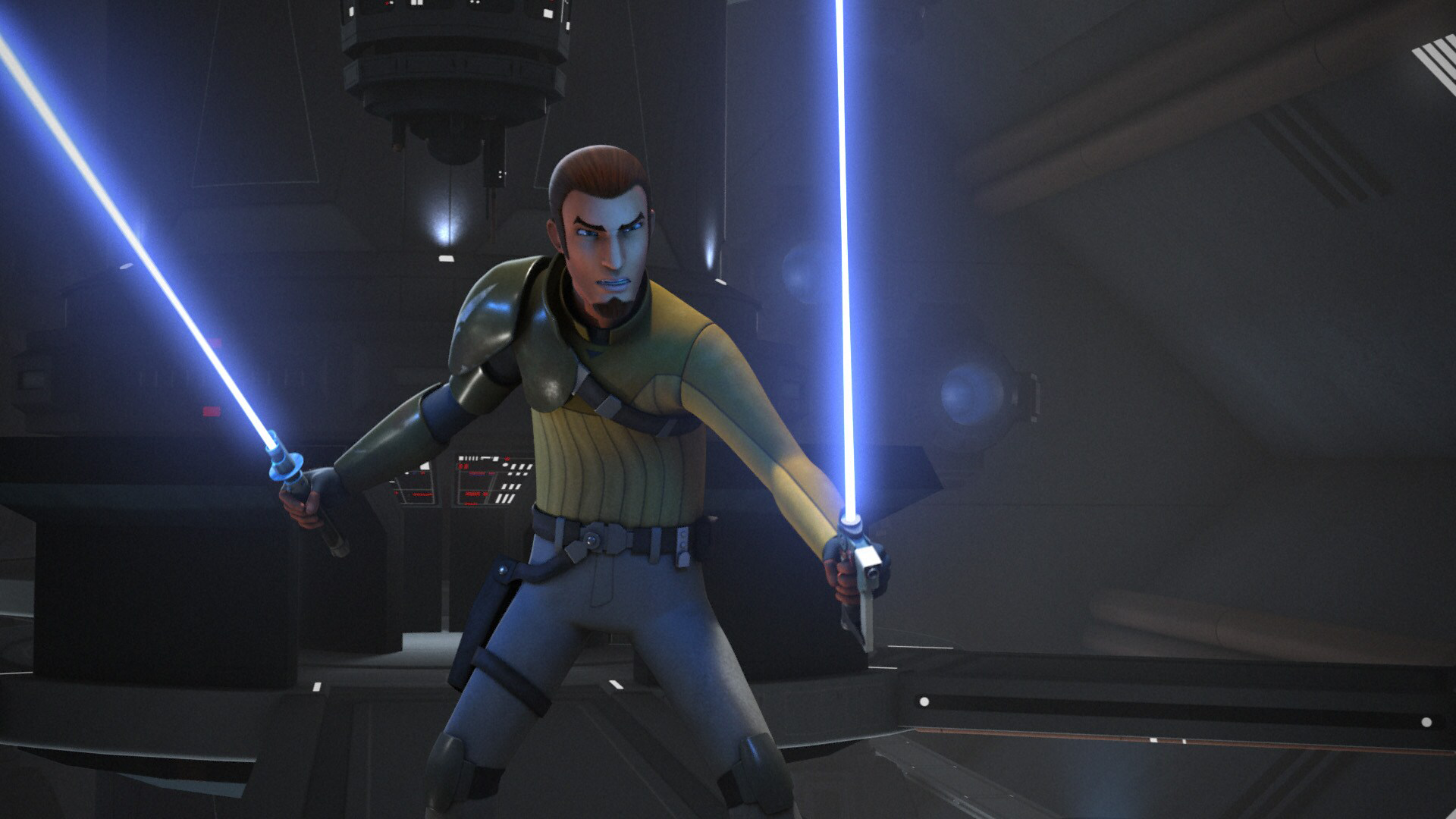 Kanan wields both his and Ezra's lightsabers against the Inquisitor.