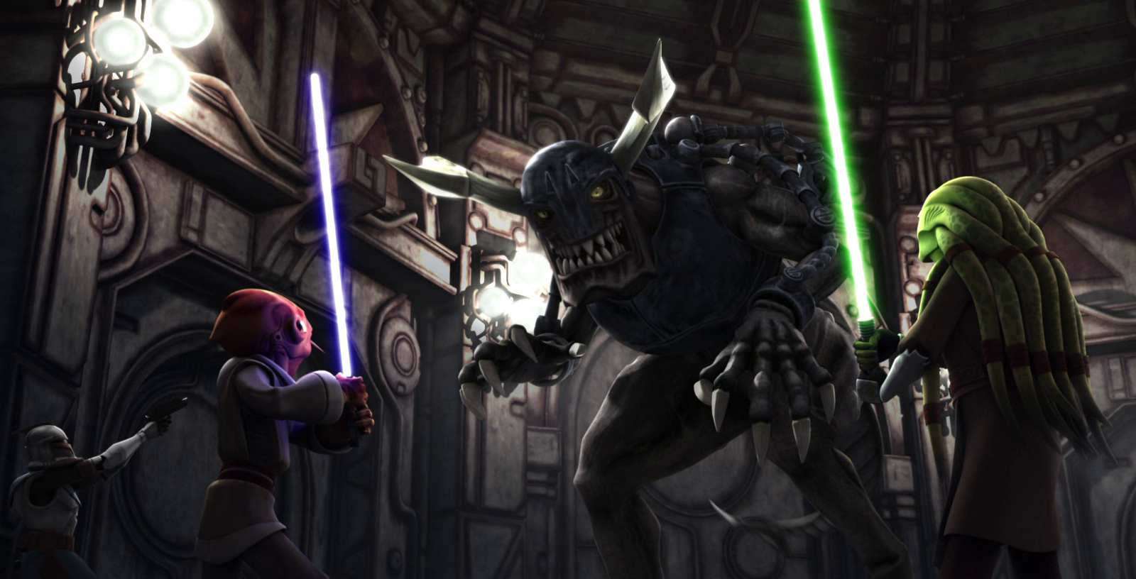 Gor confronts Kit Fisto and Nahdar Vebb in General Grievous' castle.